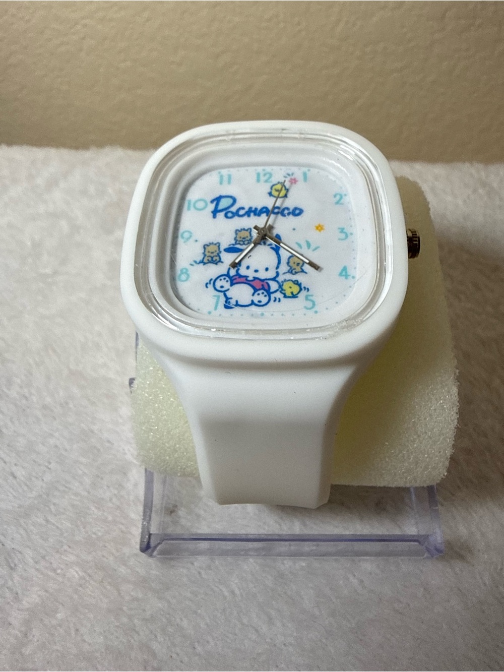 Sanrio Pochacco Quartz Square Analog Wristwatch White Plastic Strap Arabic NEW
